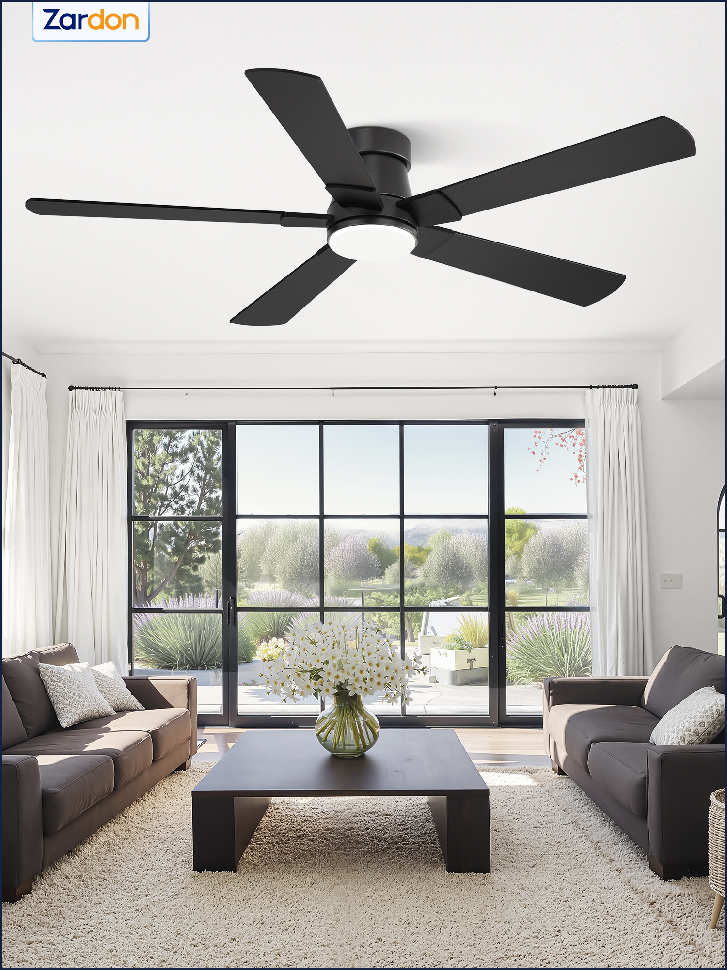 Zardon Ceiling Fans with Lights and Remote, 52in Low Profile Flush Mount Ceiling Fan with 6 Reversible Speeds for Bedroom Indoor, Black