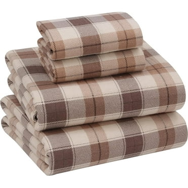 RUVANTI Flannel Sheets Full Size - 100% Cotton Double Brushed Bed Sheets Set, Deep Pockets 16 Inches, All Seasons Breathable & Extra Soft Full Sheets, Warm & Cozy, 4 Piece, Beige & Grey Plaid