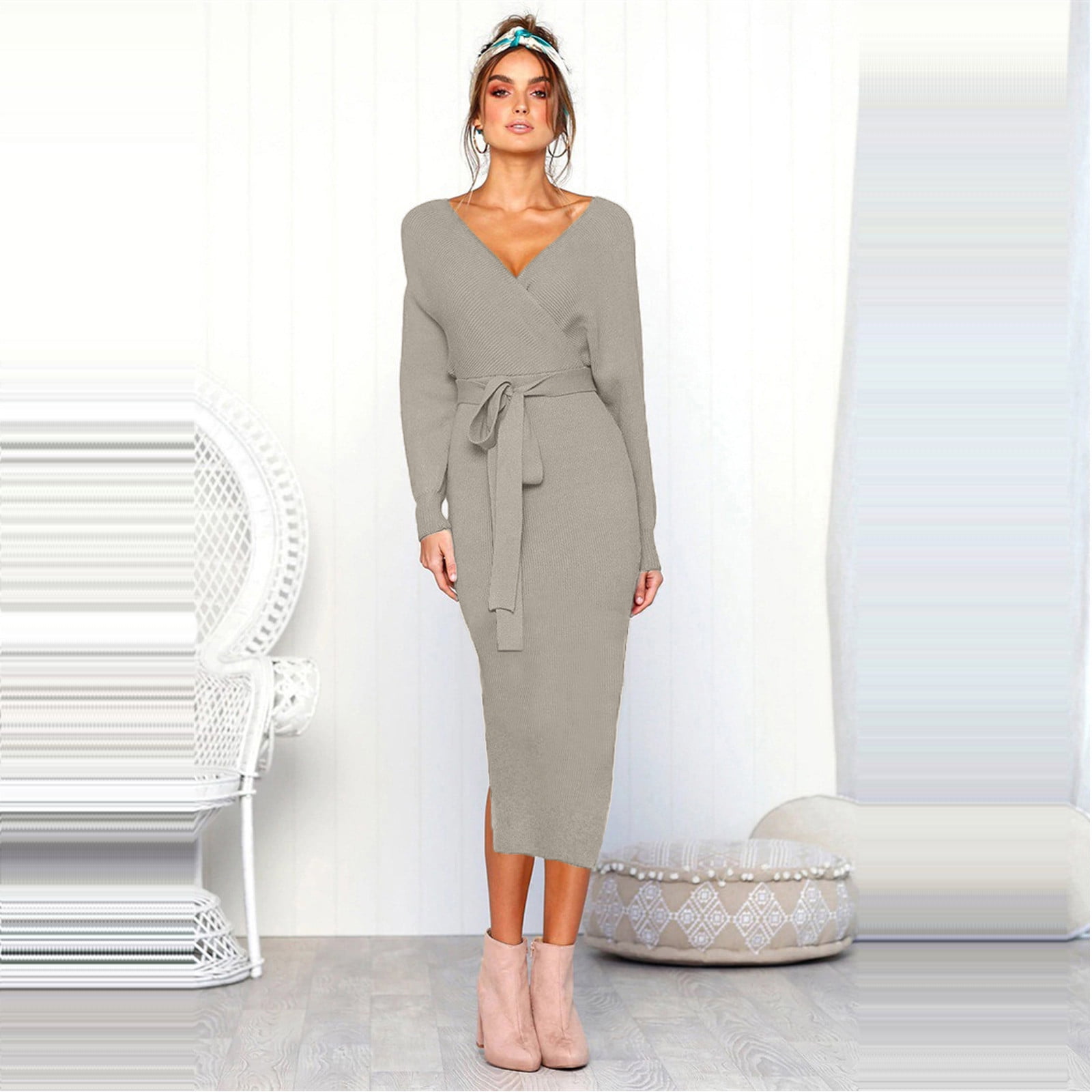 Robe Portefeuille Manches Longues Mode Femme Tricotée Col en V Sexy Robe  Pull Chaude Robe Pull Portefeuille Manches Longues Robe Sexy Longue