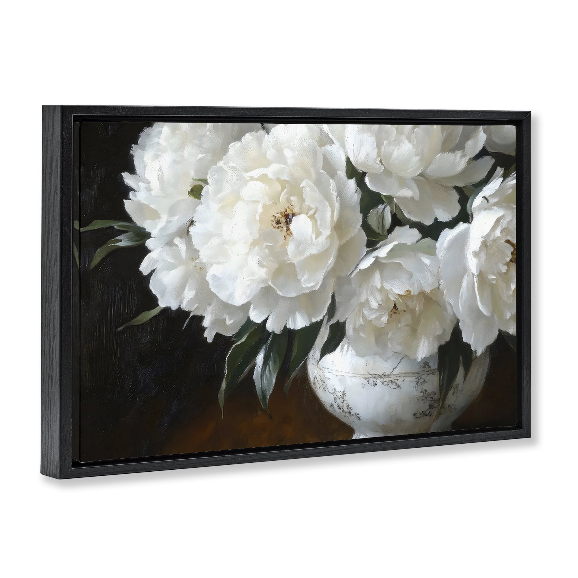Stupell Industries White Flowers in Vintage Vase Black Framed Floater Canvas Wall Art, design by Petal Prints Design
