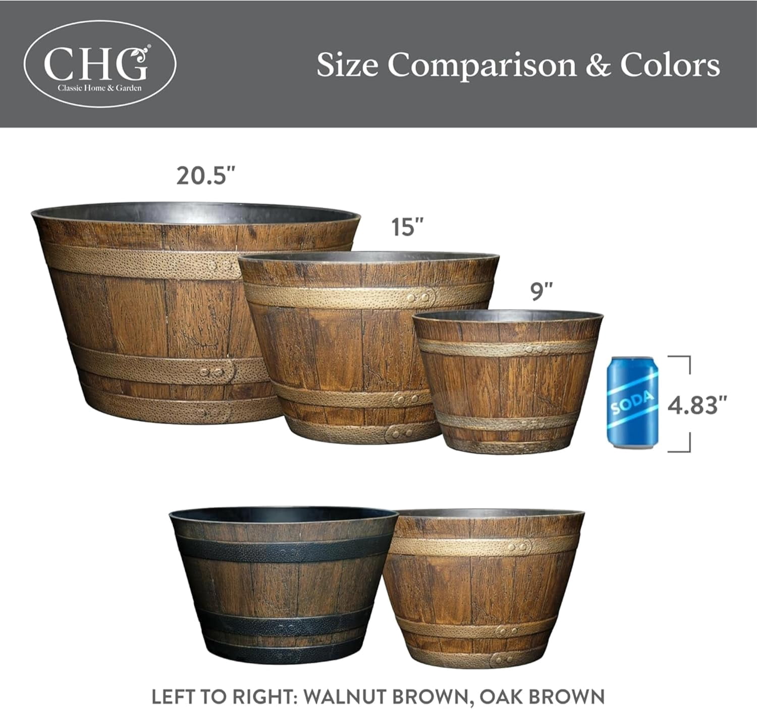 WJSP Distressed Oak Brown Resin Barrel Planter 20.5in pack of 3 Rustic Outdoor Flower Pot with Drainage Holes for Patio Garden Deck Farmhouse Decor