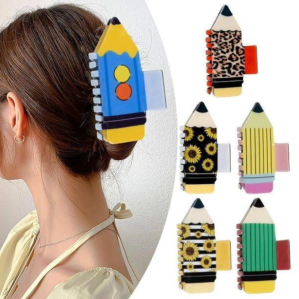 Pinzas para el pelo con forma de lápiz, graciosas pinzas para el pelo para maestras para mujeres y niñas, pinzas para el pelo para el regreso a clases para cabello fino, pinzas para el pelo con forma