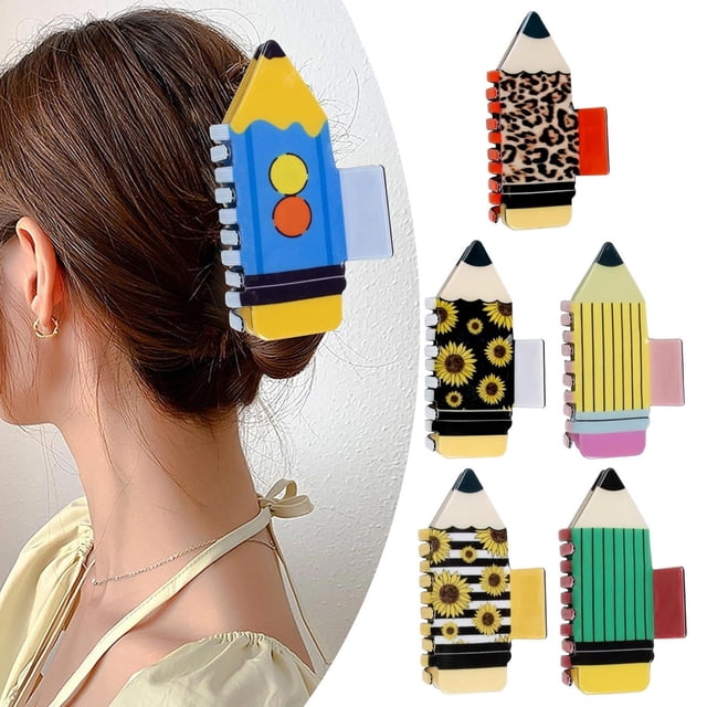 Pinzas para el pelo con forma de lápiz, graciosas pinzas para el pelo para maestras para mujeres y niñas, pinzas para el pelo para el regreso a clases para cabello fino, pinzas para el pelo con forma