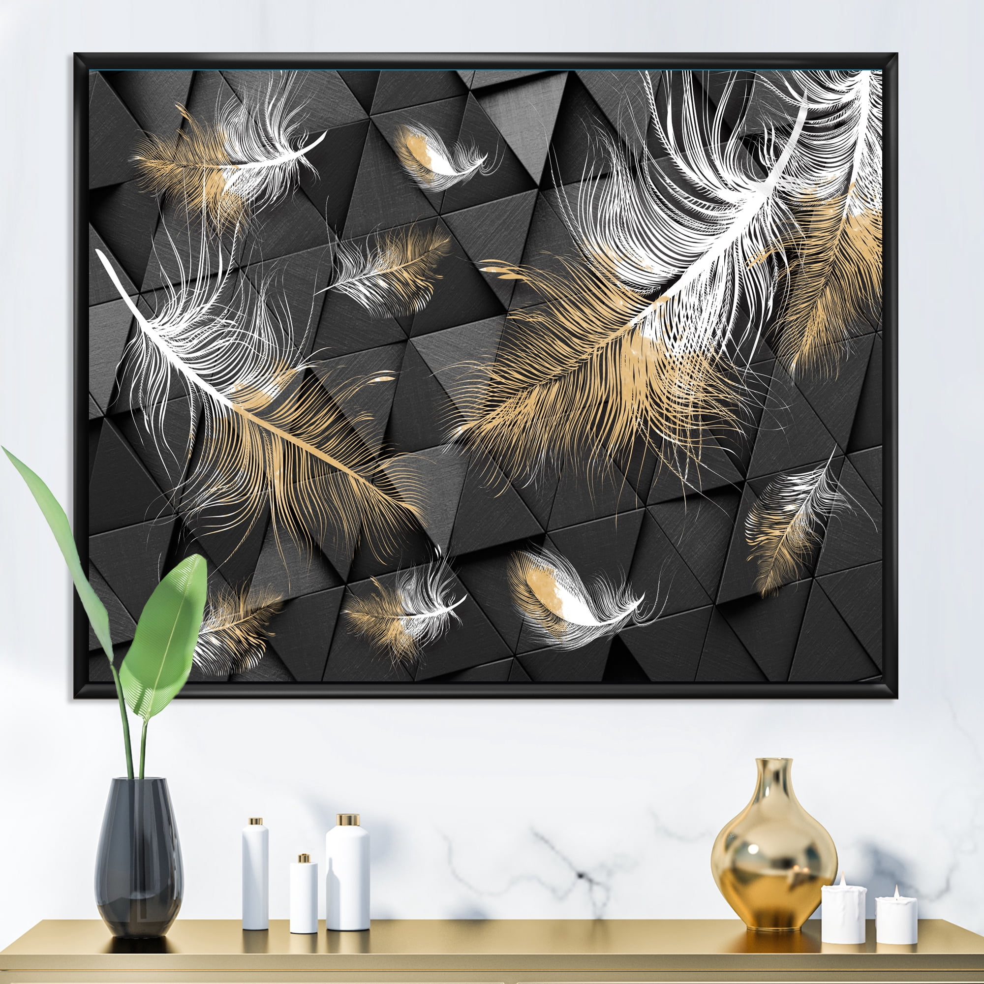 Designart 'Gold and White Feathers On Triangular' Modern Framed Canvas Wall Art Print