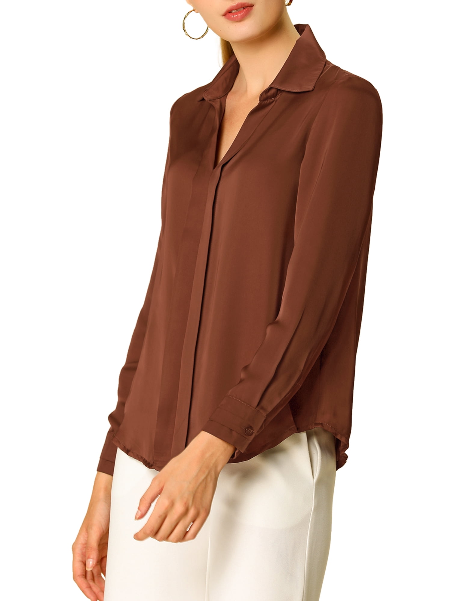 DARING DIVA Women's V Neck Classic Work Office Long Sleeve Shirt XL Brown