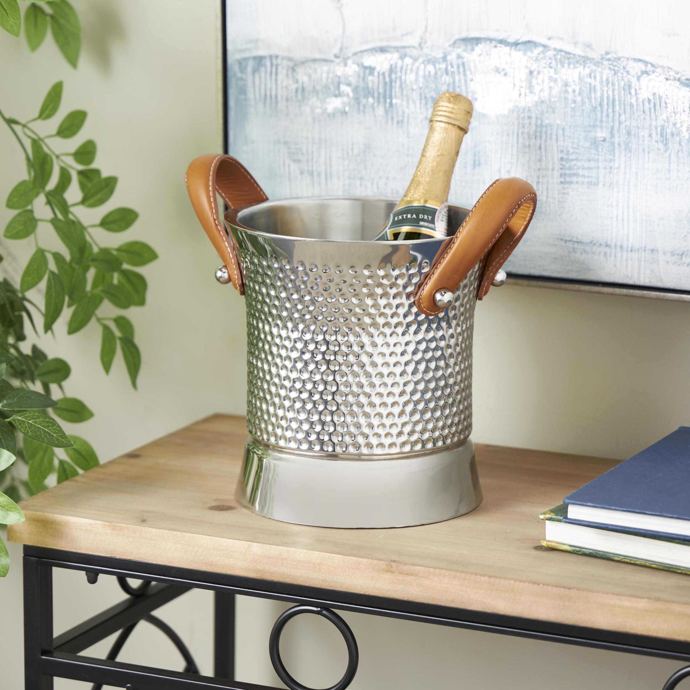 DecMode Round Stainless Steel Metal Hammered Silver Ice Bucket with Brown Leather Handles