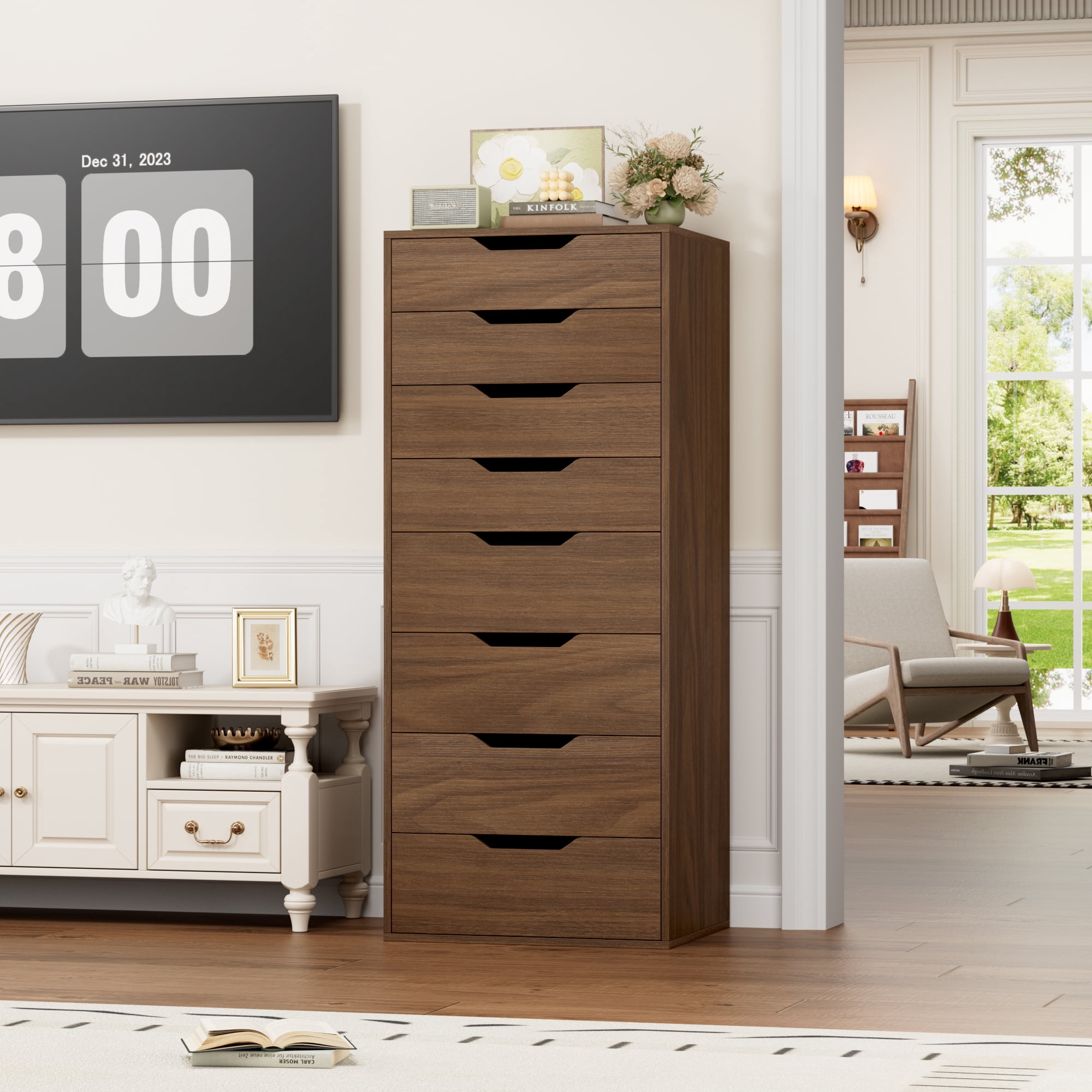 Homfa Compact 8 Drawer Bedroom Dresser for Small Spaces, Wood Tall Chest of Drawer, Walnut