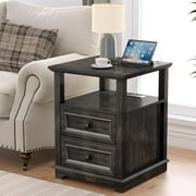 End Table with Fast USB C Charging Station,18" Wide Sofa Side Table with 2 Drawers, Large Storage Rustic Wood Square Storage Cabinet for Living Room, Bedroom, Office, Black