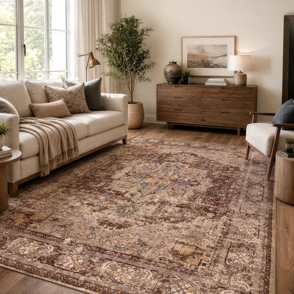 World Rug Gallery Traditional Medallion Machine Washable 100% Polyester Indoor Area Rug, Rich Chestnut Ornate Persian Design, Non-Slip Backing, 0.17 in Low Pile, Brown 5'x7'