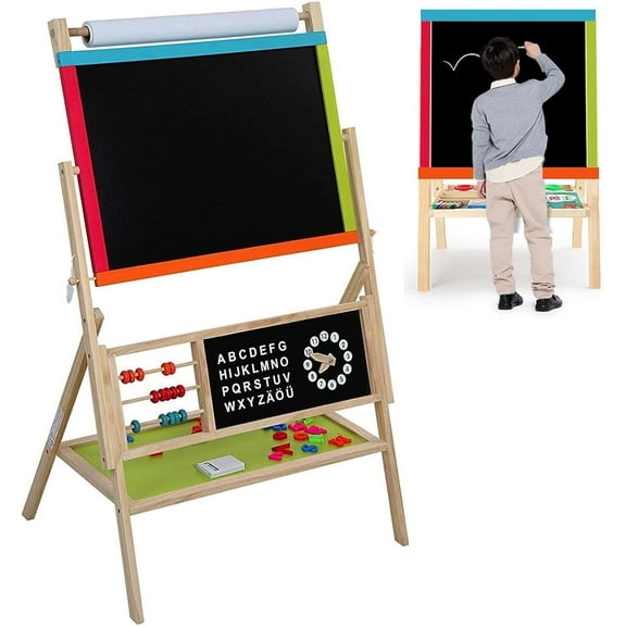 Kids Art Easel with Paper Roll, Magnetic Wooden Board Easel for Toddlers, Foldable Clock, Alphabet Painting Easel for 2-12 Years Children, 2 in 1 Double Side Drawing Outdoor Easel