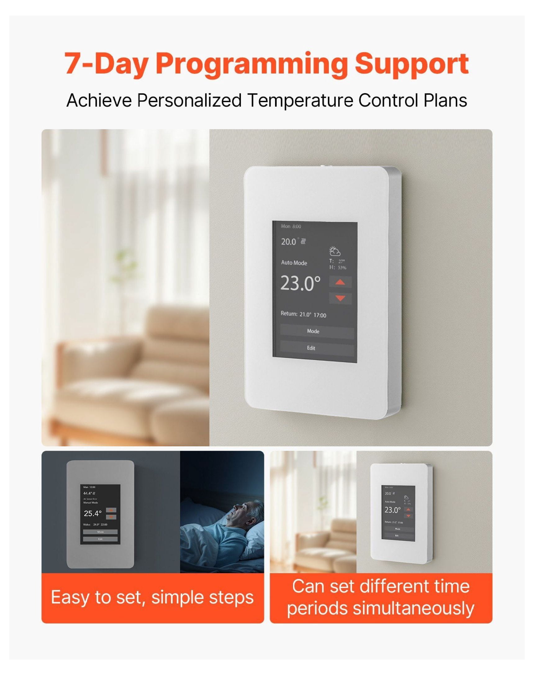 7-Day Thermostat for Home Heating, Programmable Thermostats for Radiant Floor, Heat Pump Compatible, GFCI, Touchscreen, Efficient - Gray-White