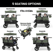 Jeep Wrangler Deluxe 4 Seater Stroller Wagon by Delta Children - Premium Quad Stroller Wagon for 4 Kids with Convertible Seats, Adjustable Push/Pull Handles, Removable Canopy & Flat Fold, Black/Green