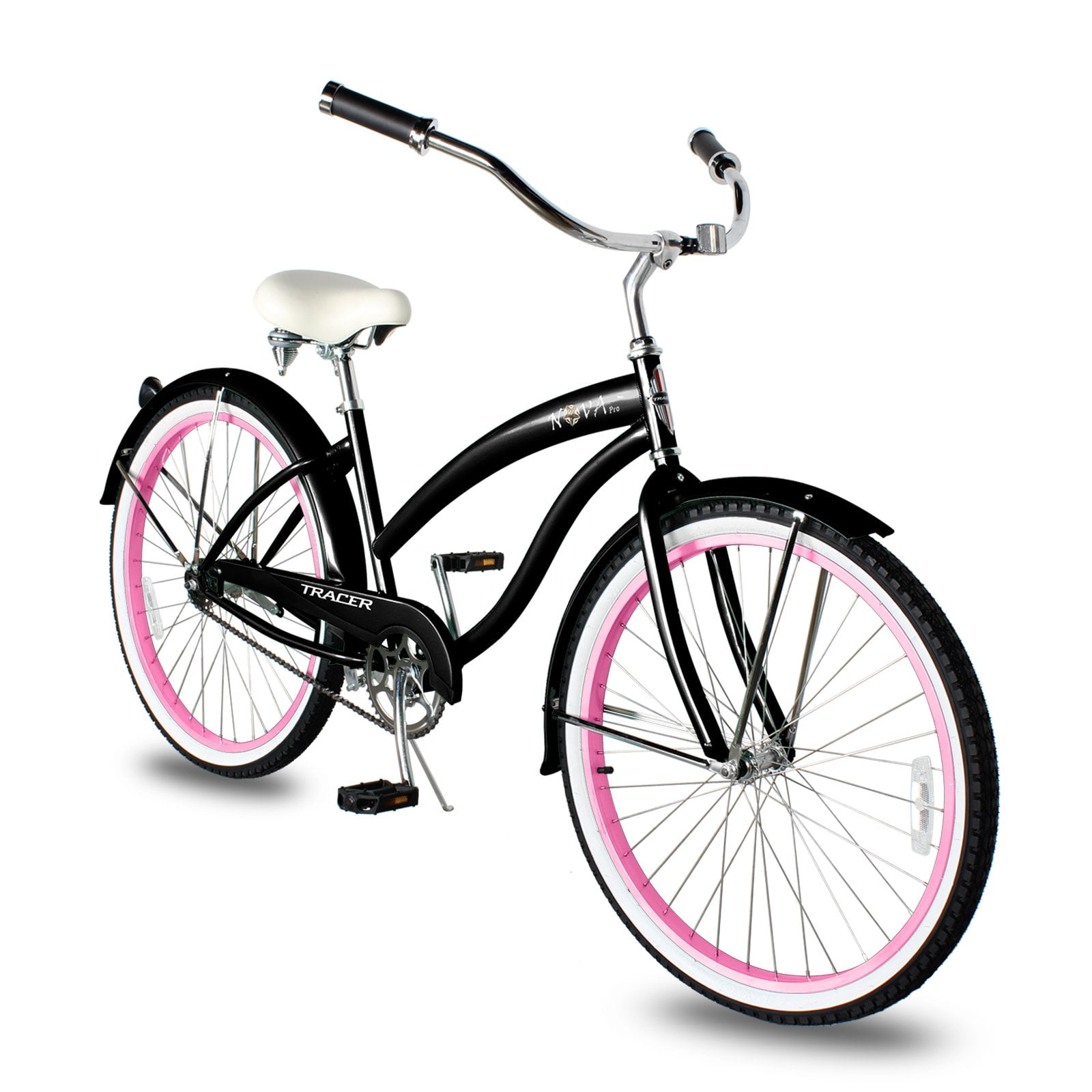 WonderWheels Beach Cruiser Shimano Tx-35 7 Speed Bicycle, Bike, V-Brake Stainless Steel Spokes One Piece Crank Alloy Purple Rims 36 H With Fender - Black