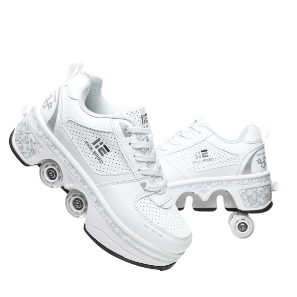 Pairobin 2-in-1 Roller Skates Shoes with Retractable 4 Wheels & Pop-Out Deformation Sneakers Outdoor Sports Skating Shoes for Girls Boys, White, 2.5