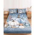 thumbnail image 2 of King Size Fitted Sheet Set - Coastal Fall 3 Piece Bedding Sets 16" Deep Pocket Fitted Sheet with 2 Pillowcases, Thanksgiving Blue Pumpkins Coral Nautical Brushed Microfiber Hotel Luxury Bed Sheets, 2 of 9