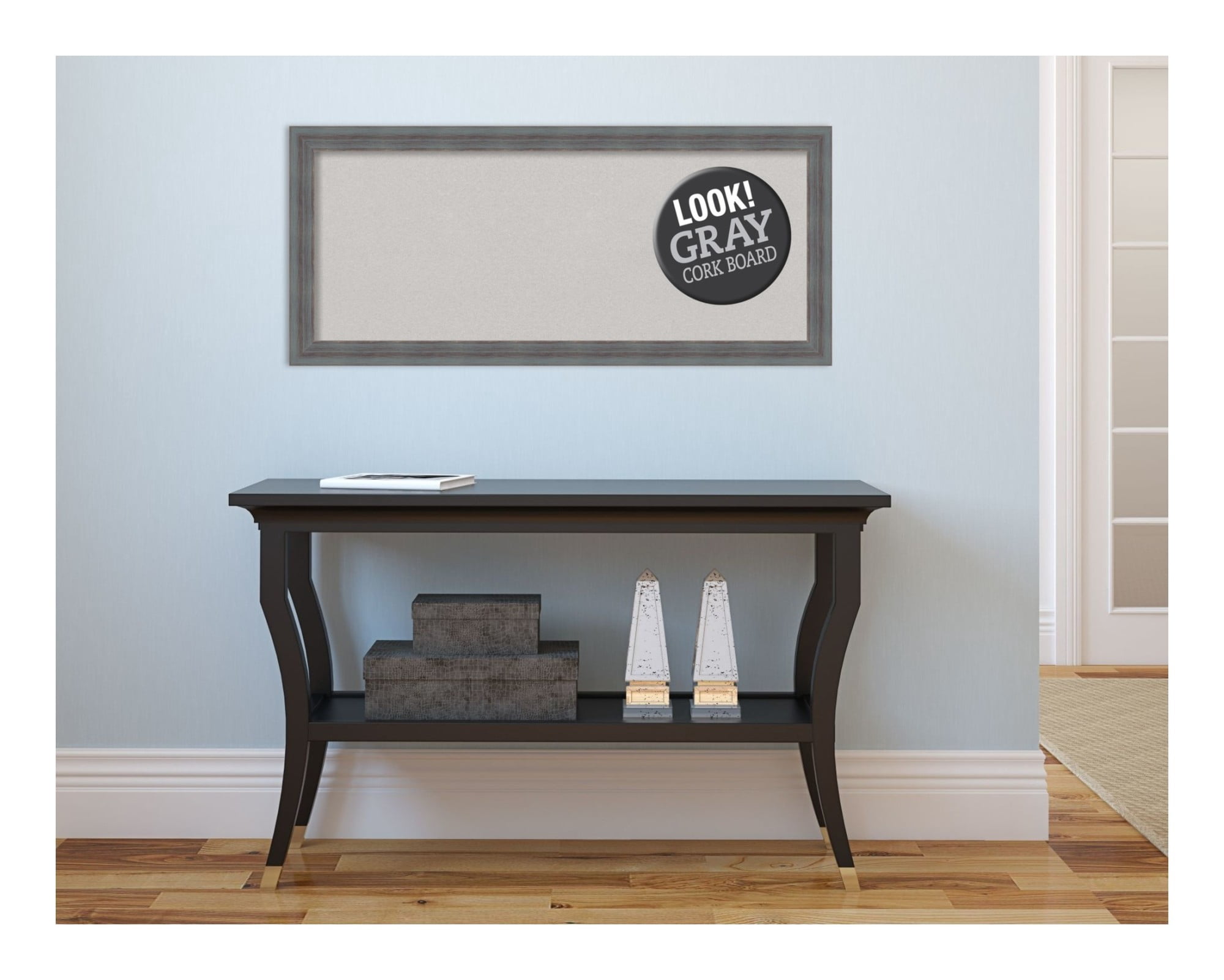 Amanti Art Grey Cork Board Wood Framed Dixie Blue Grey Rustic Bulletin Board 32 in. x 14 in.