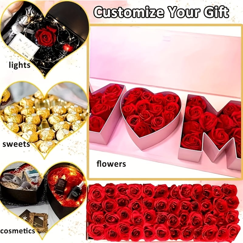 1 Sets Mother's Day Mom Flower Gift Box Red/Black/Pink with 18'' x 7.7'' x 2.7'' Empty MOM Letter Shaped Box Gift Bags Greeting Cards for Mother's Day Birthday Flower and Arrangements
