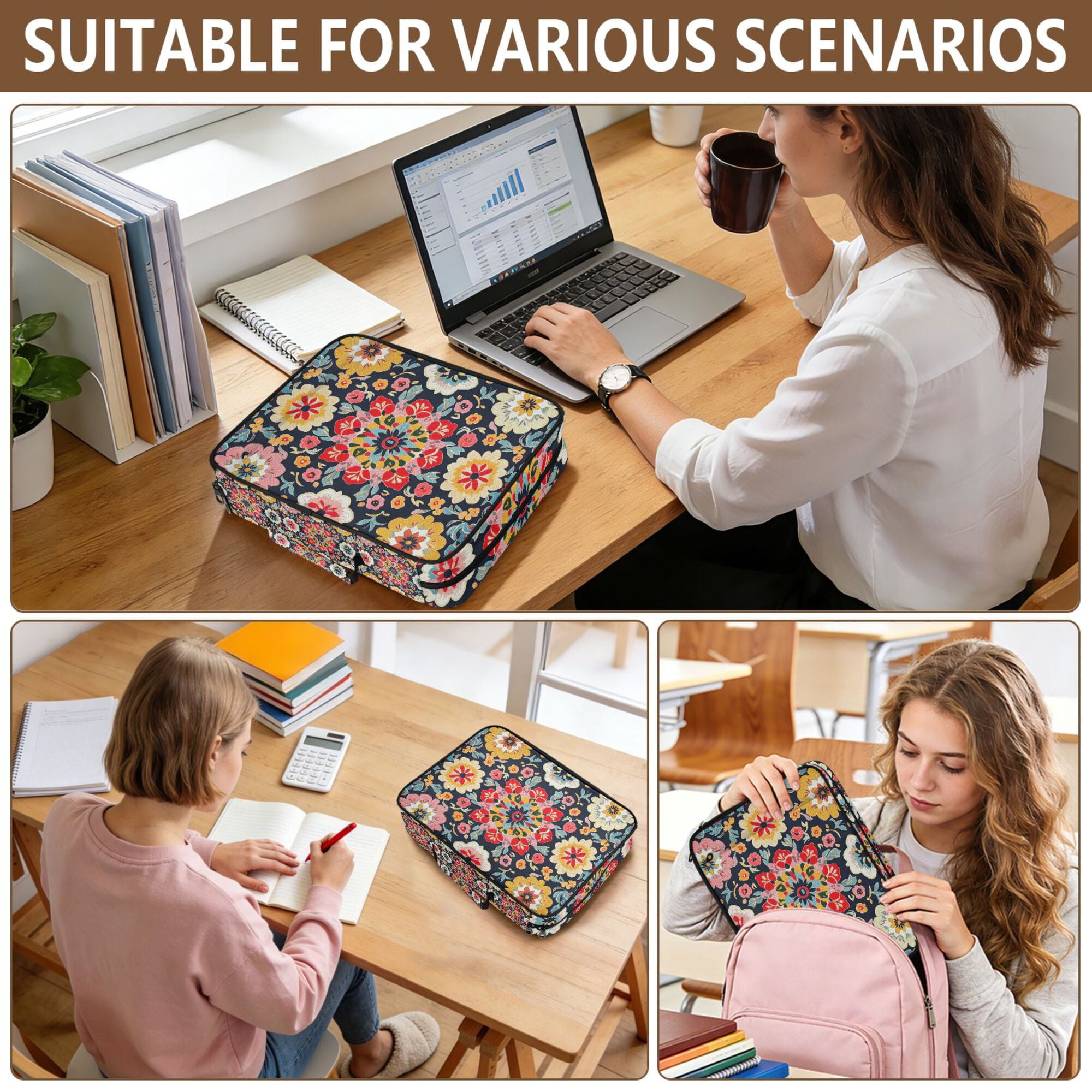 FORMRS Accordion File Folder A4 Size 7-Pocket Expanding Document Organizer Bag with 3 Ring Binder, Colorful Floral Pattern