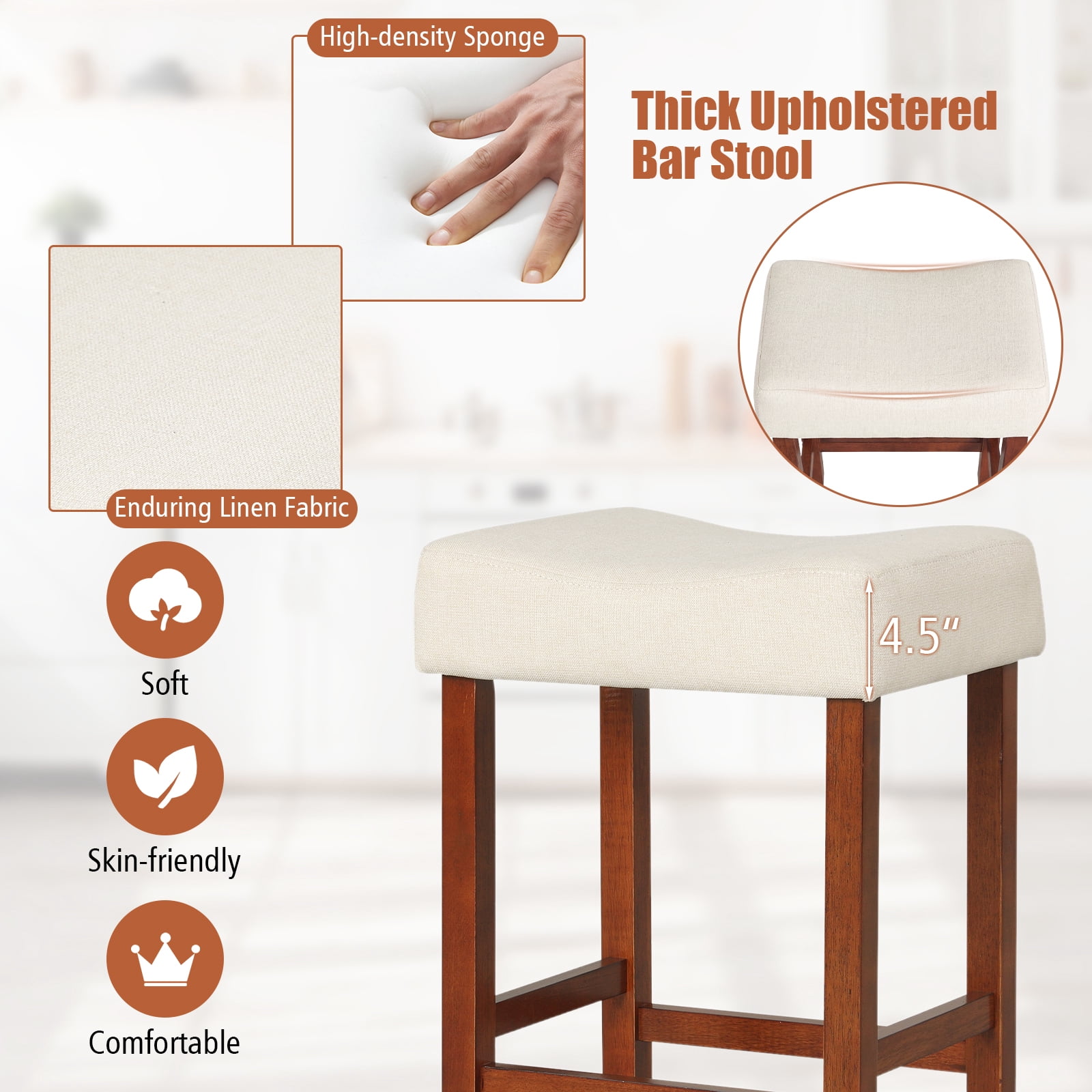 Costway Set of 2 Bar Stools Counter Height Saddle Kitchen Chairs with Wooden Legs  Off-White + Brown