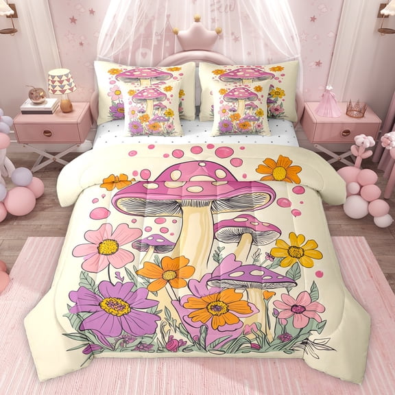 Homewish Kawaii Floral Mushroom Twin Bedding Sets 7-Piece for Female Men Women,Botanical Plants Bedding Comforter Set Microfiber,Vintage Aesthetic Breathable Sheet Sets,Lightweight Room Decor