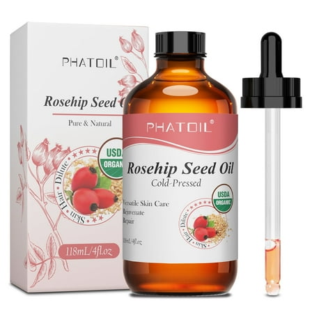 Rosehip Oil for Skin (4oz, Organic, Pure, Cold Pressed) Rosehip Seed Face Oil for Facial and Massage