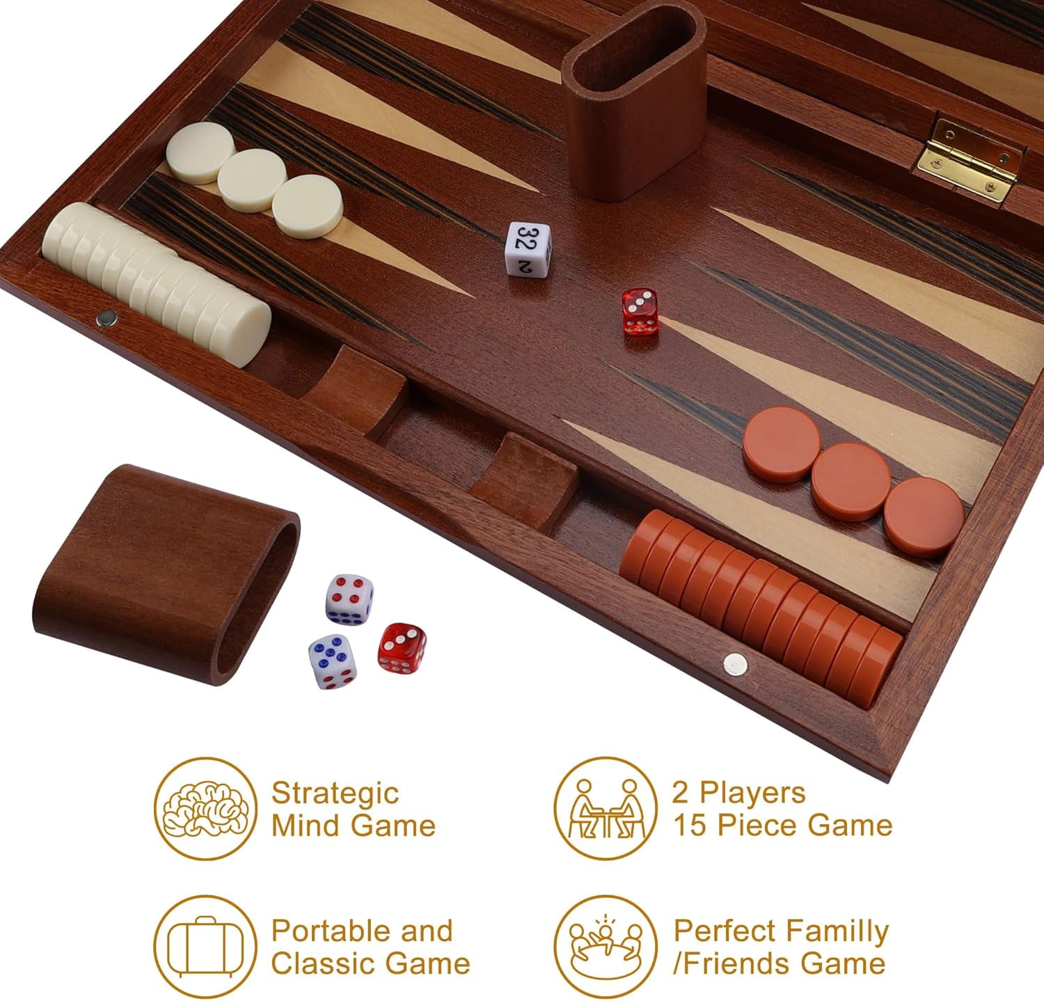Fugocen Backgammon Set Folding Classic Brown Wooden Portable Travel 15 Inches