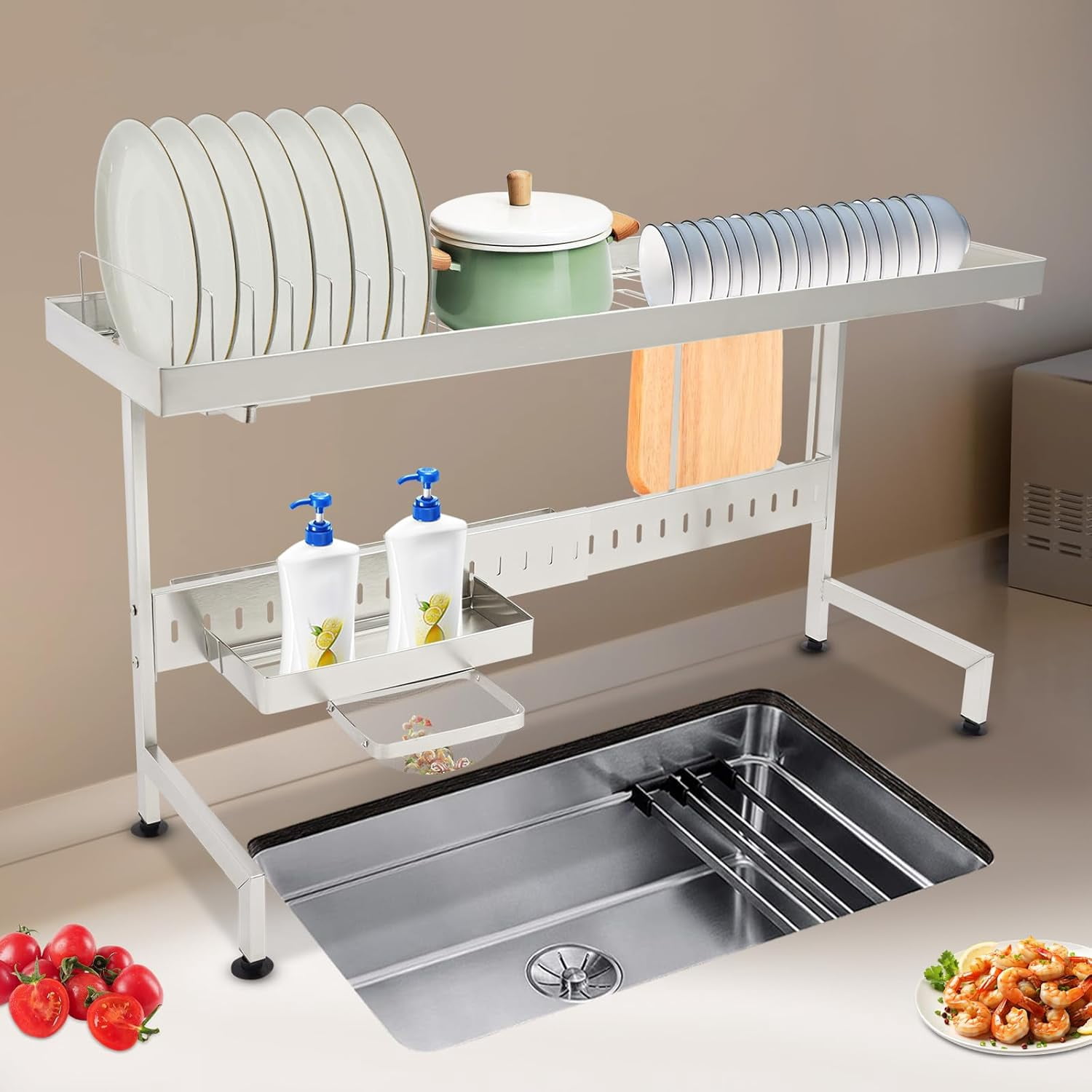 Over The Sink Dish Drainer Drying Adjustable Length Over Sink Dish Drying Rack, Multifunctional Kitchen Organizers, Can Be Placed Tableware, Cups, Cutting Board（88x26x50cm）