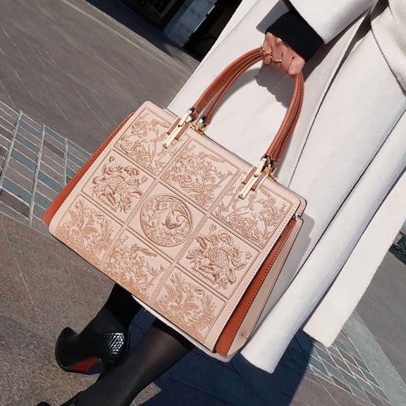 Genuine Leather Cowhide Tote Bag, Women's Embroidered Floral Shoulder Crossbody Bag