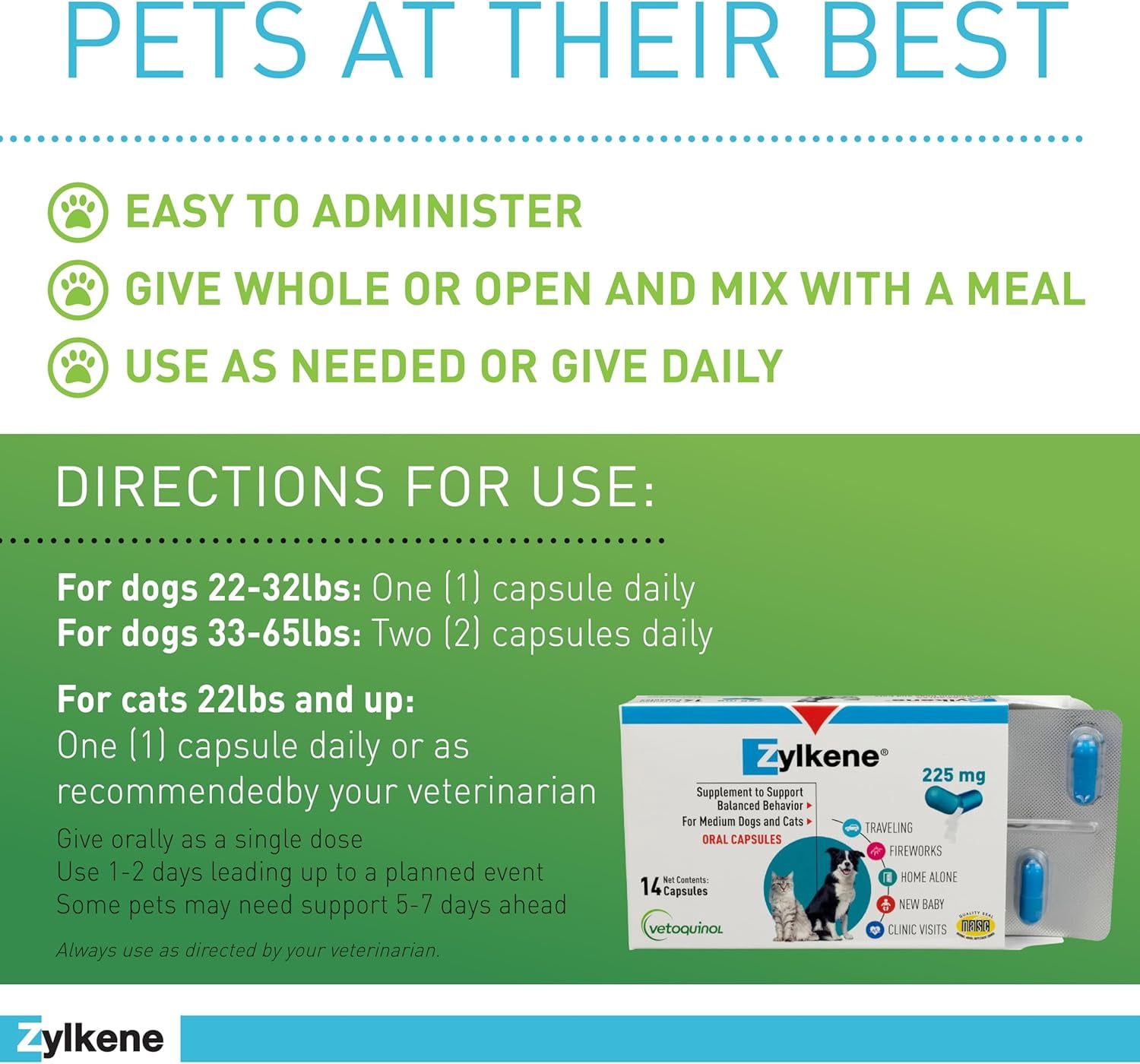 Vetoquinol Zylkene Behavior Support Capsules for Medium Dogs 33-65lbs, Calming All Natural Milk Protein Supplement, Helps Relieve Dog Anxiety During Fireworks and Thunder, 225mg 14ct