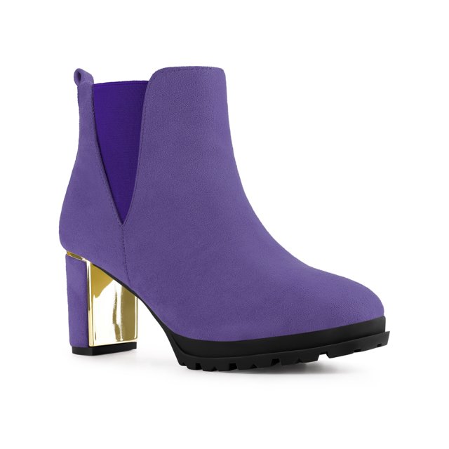 Unique Bargains Bottes à Talons Épais à Plateforme à Bout Rond Effet Miroir pour Femmes Violet (Taille 8)