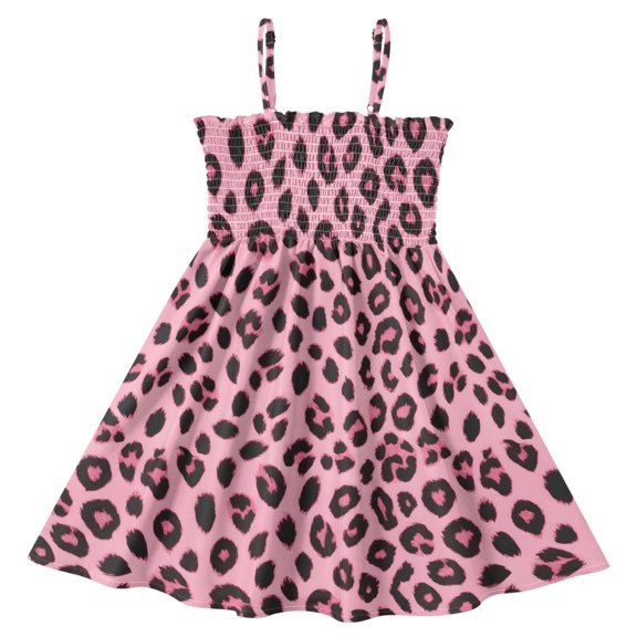 joogoo Girls' Pink Leopard Print Cami Dress Kids Sleeveless Smocked A-Line Sundress for 5-6 Years Casual Summer Swing Dresses
