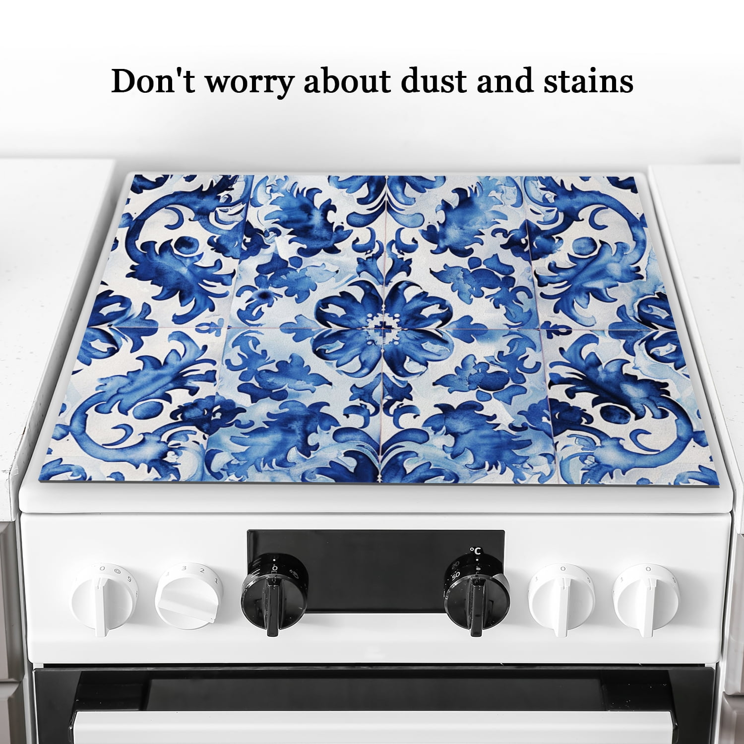 Glass Stove Top Covers For Electric Stove, Blue And White Flowers Pattern Square Glass Stovetop Cover, Washable Oilproof Dustproof Mat for Kitchen RV (28×20 Inch)