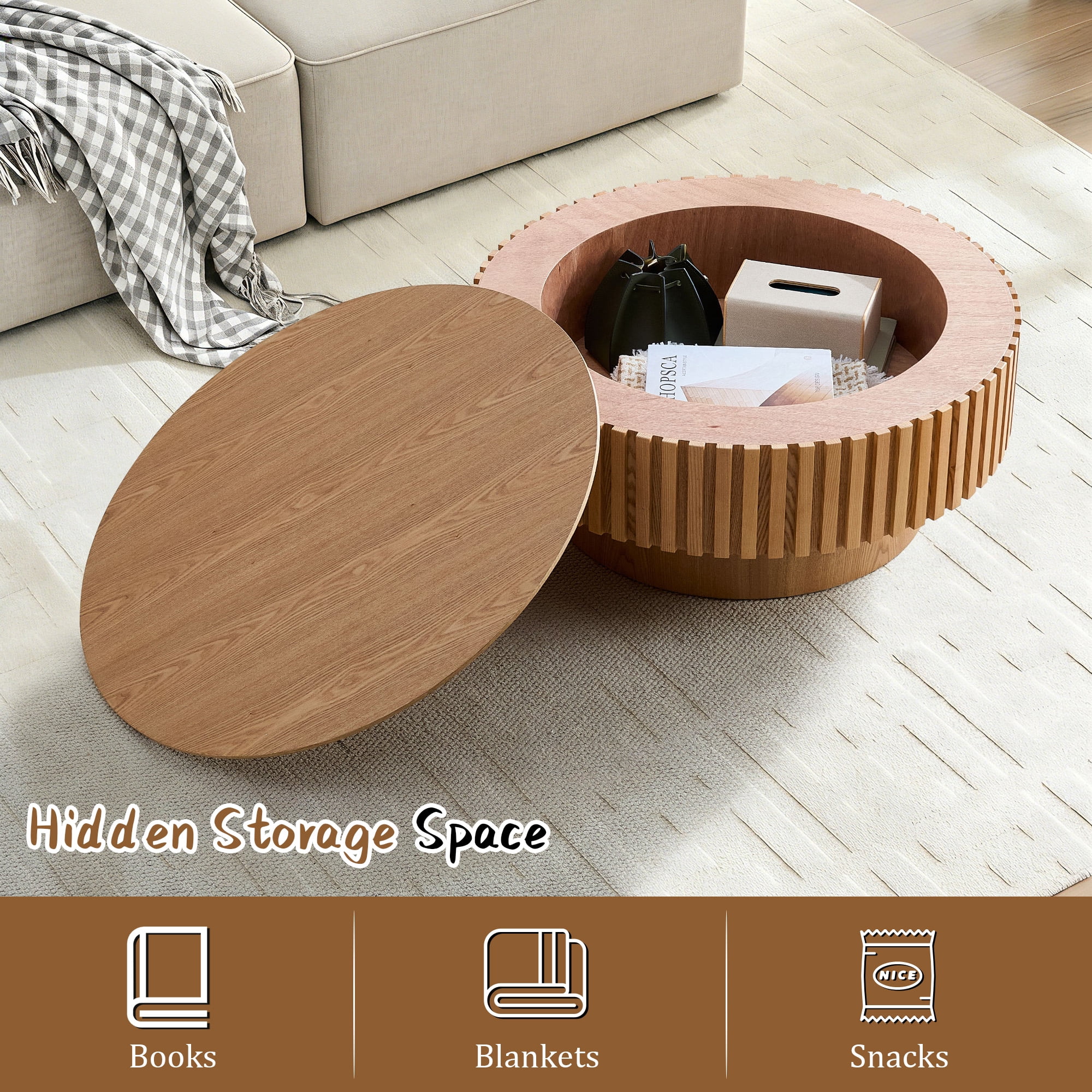FFH 31.5" Round Coffee Table with Storage, Small Wood Coffee Table with Sturdy Pedestal for Living Room, Apartment, Ash