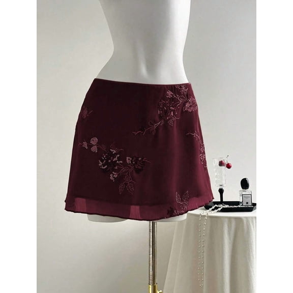 Burgundy Sheer Embroidered A-Line Mini Skirt For Women