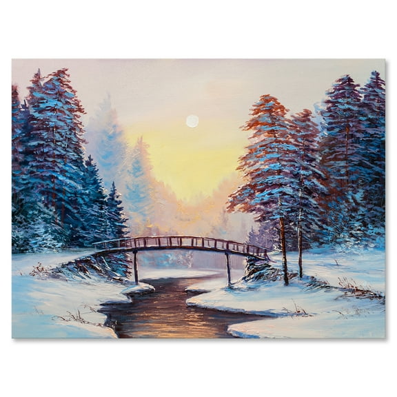 Designart ' Snow Covered Landscape and Little Bridge ' Traditional Canvas Wall Art Print