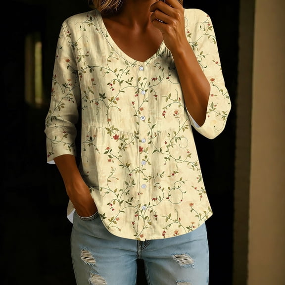 Zysthvn Casual Tops for Women 3/4 Sleeve Tunic Floral Summer T Shirts for Women Breathable Loose Fit V-Neck