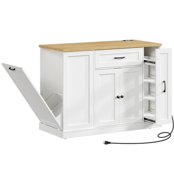 HOOBRO Kitchen Island with Power Outlet, Trash Cabinet and Spice Rack, Mobile Kitchen Cart with 5 Casters, Adjustable Shelf and Drawer for Storage, Natural and White WN20UZD01