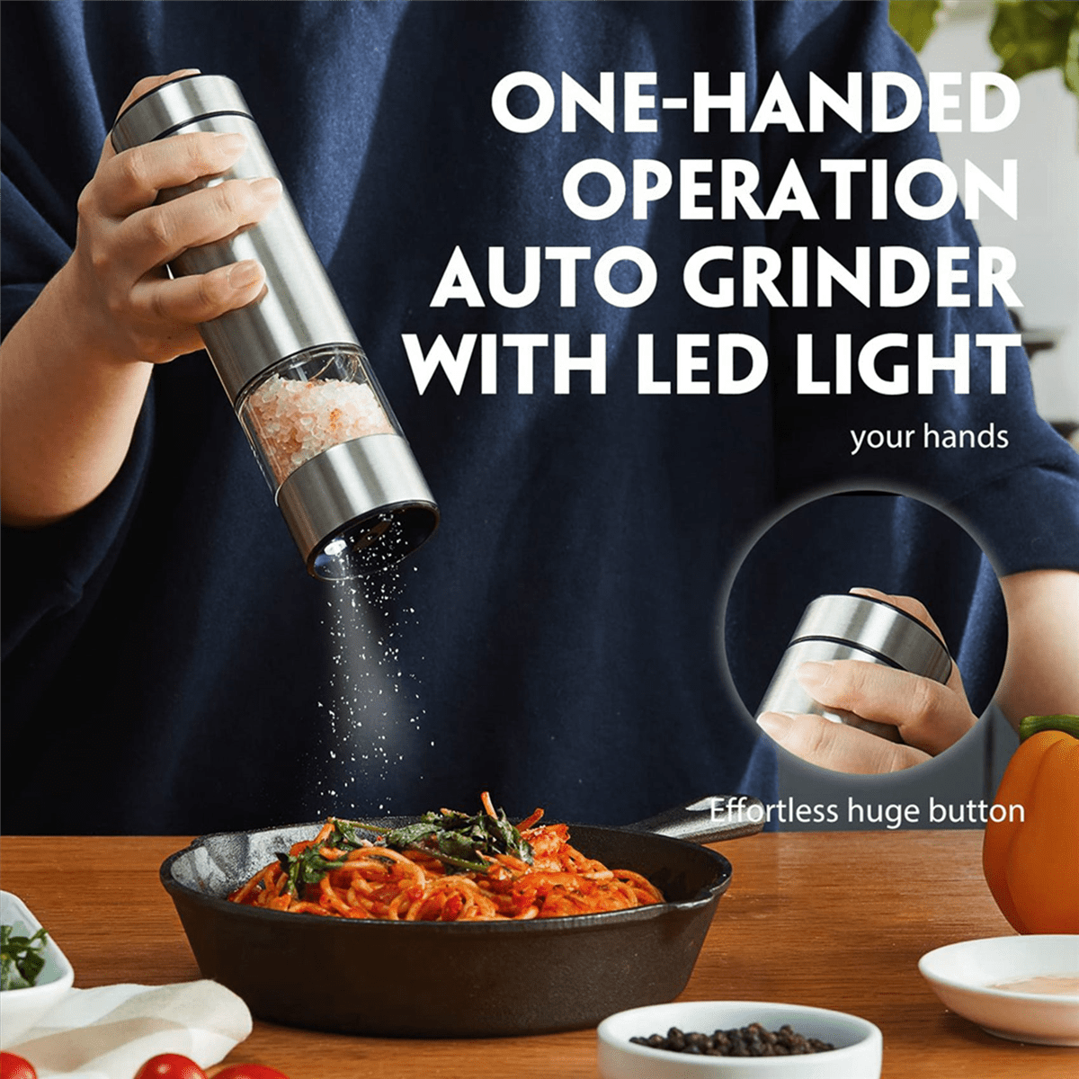 2X Electric Pepper Grinder, Automatic Pepper Mill Grinder, Stainless Steel Battery Operated Salt Grinder Refillable