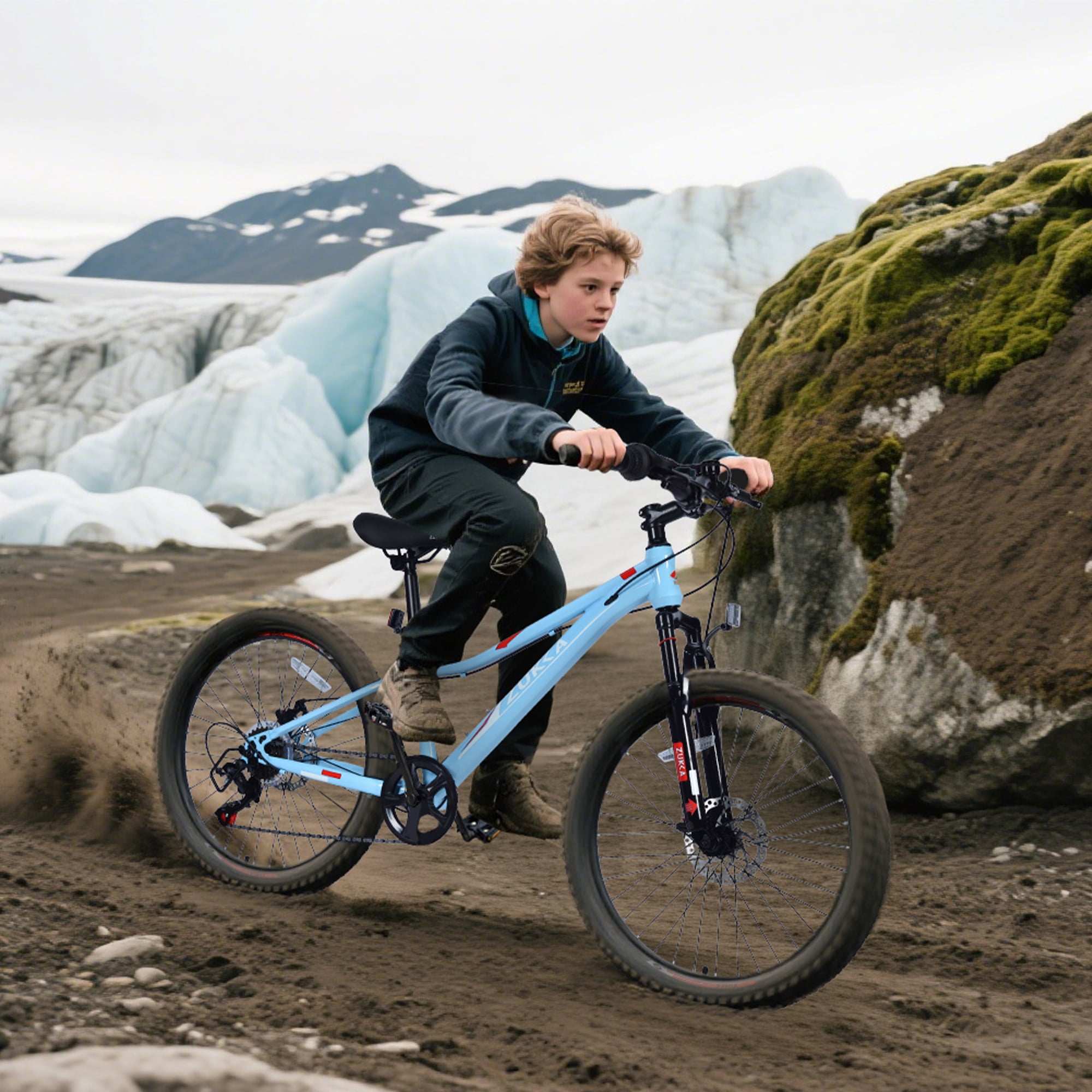 POVANLI 24 Inch Mountain Bike 6 Speed ​​Suspension Fork,Inflatabll Rubber Tires,Aluminum Alloy Rim,Steel Frame,Dual Disc Brake,Suitable for commuting to school and city riding,Gift(Yr 9-12)(Blue)