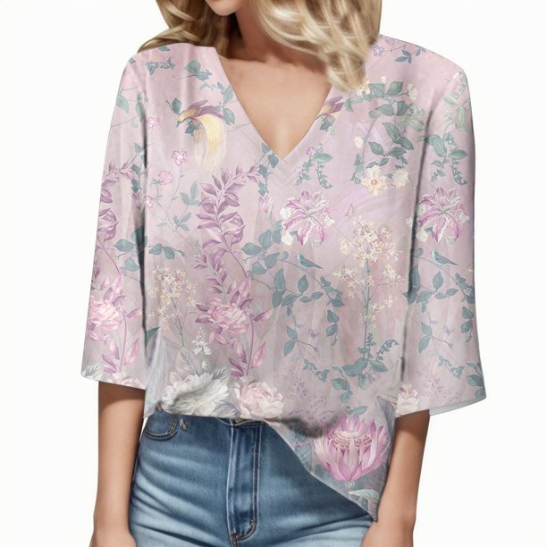 Gibobby Camiseta Powerblend con Cuello en V Camiseta informal con cuello en V y encaje con estampado vintage para mujer(Rosa,CH)