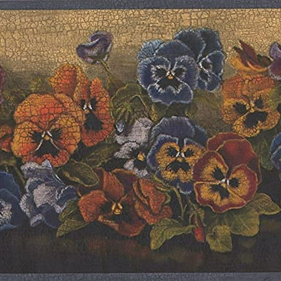 Concord Wallcoverings Wallpaper Border Floral Pattern Garden Flowers Mixed Colors Pansies for Living Room Bedroom, Dark Blue Red Yellow Purple Orange, 7 Inches by 15 Feet GG54021B
