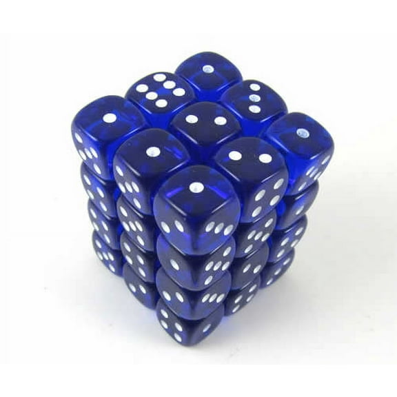 Blue Transparent Deluxe Dice with White Pips D6 12mm (1/2in) Pack of 36 Koplow Games