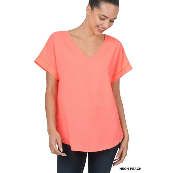 Zenana Women & Plus V-Neck Heavy Dobby Boat Neck Rolled Short Sleeve Blouse Top