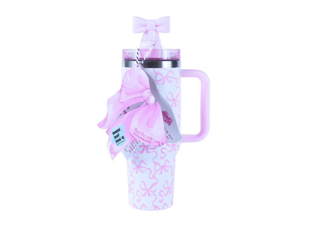 Hi Peach Layne Pink Bow Tumbler 40oz with Straw, Handle, & 30g Bath Bomb Inside, Limited Edition