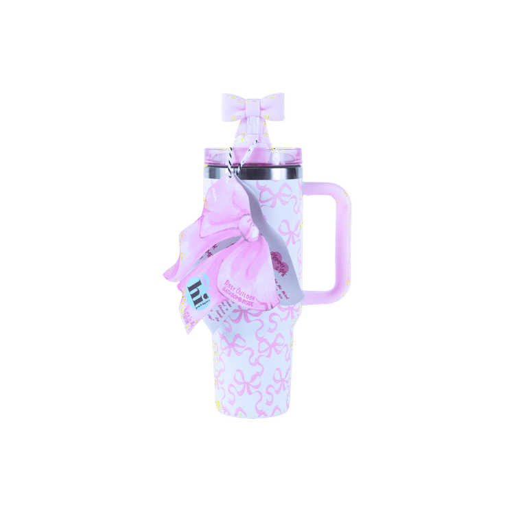 Hi Peach Layne Pink Bow Tumbler 40oz with Straw, Handle, & 30g
