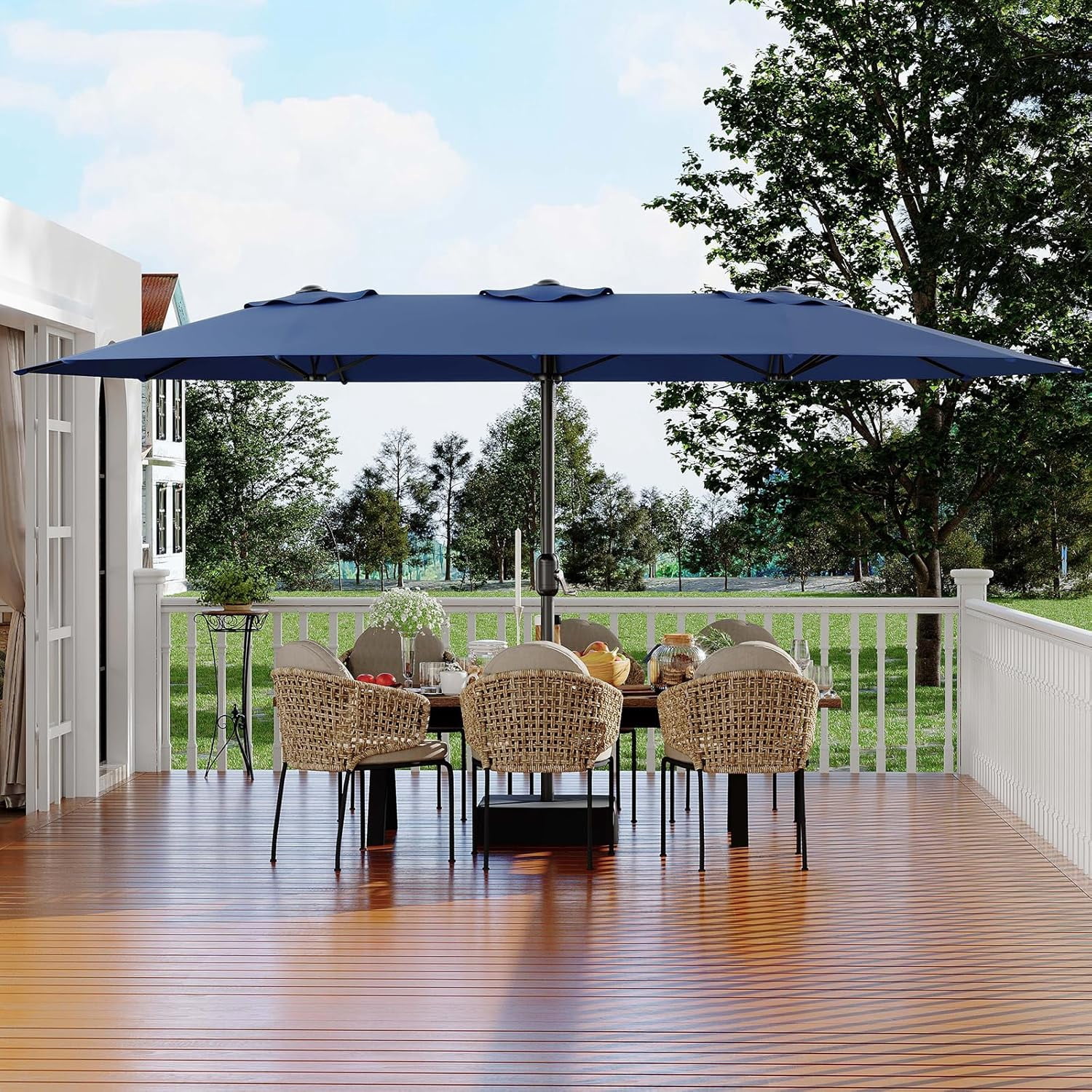 ChaoLink 15ft Large Patio Umbrella with Base & Solar Lights-Rectangular Patio Umbrella with Crank Handle, UV Protection for Outdoor Market