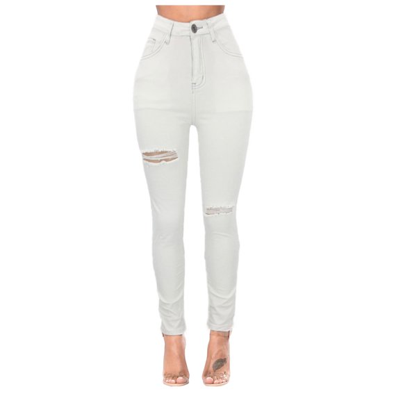 Gubotare Skinny Jeans Women Short Women's Skinny Ripped Trendy Jeans Distressed Stretchy Denim Pants (White,Size XL)