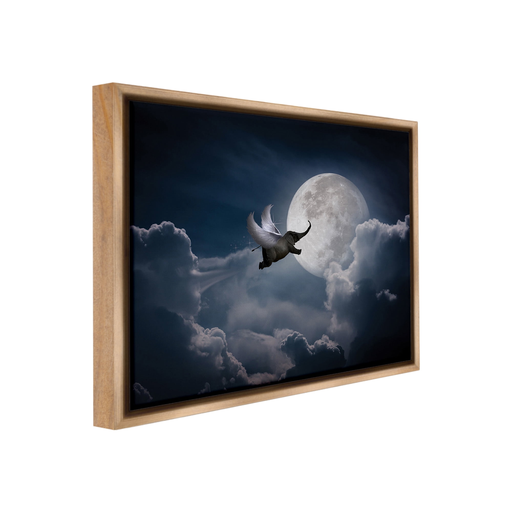 Stupell Industries Flying Elephant & Moon Animals & Insects Painting Brown Floater Framed Canvas Art Print Wall Art, 21 x 17