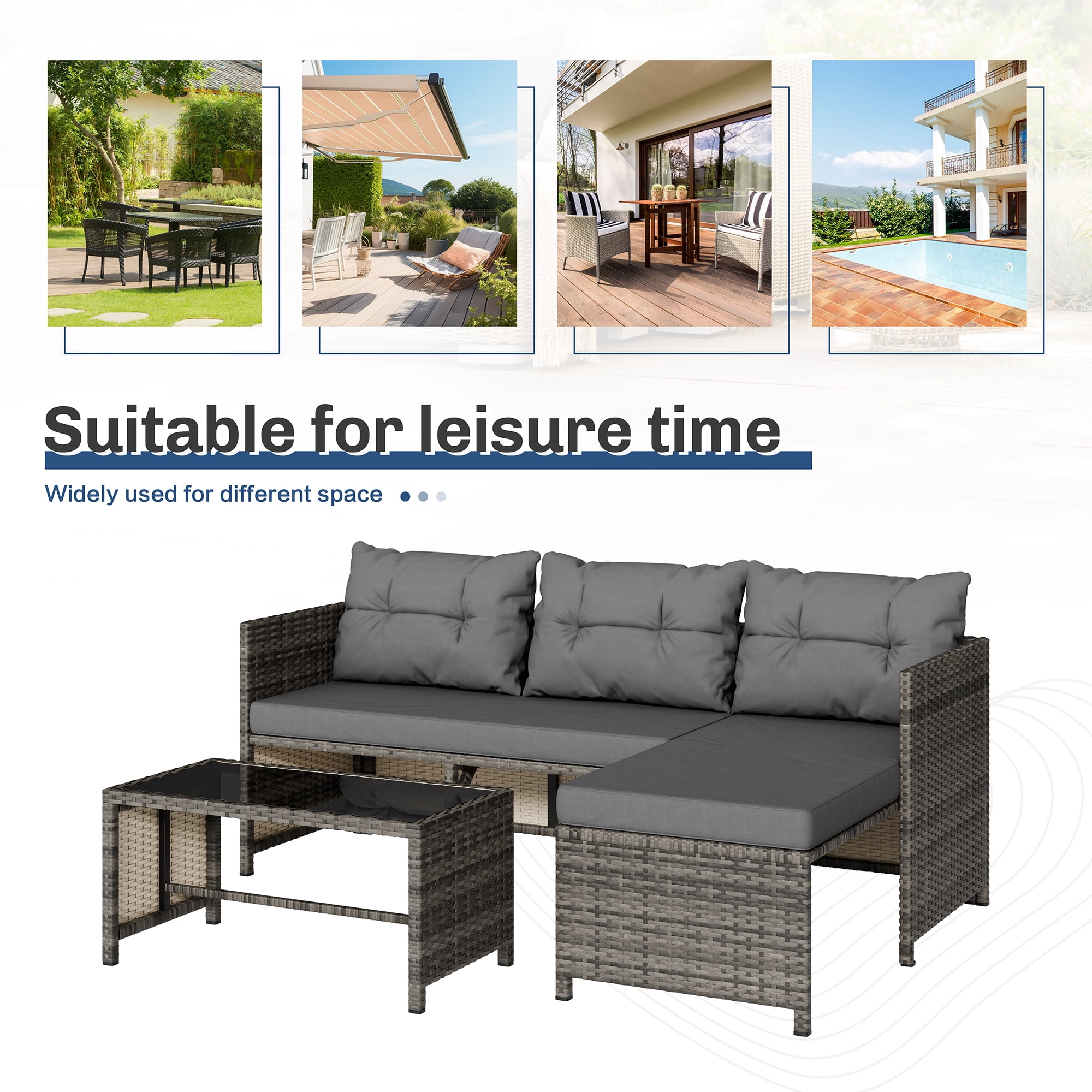 Walsunny 3-Piece Patio Sectional Sofa Set, Durable All-Weather Woven Wicker Outdoor Furniture with Cushions & Glass Coffee Table | Modern Weather-Resistant Design for Garden, Deck, Backyard(Gray)