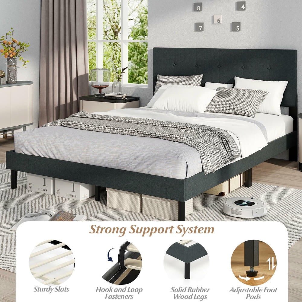 GVN Queen Size Upholstered Sturdy Bed Frame, Linen Platform Bedroom Platform Bed Frame for Apartment, Bedroom, Dark Gray